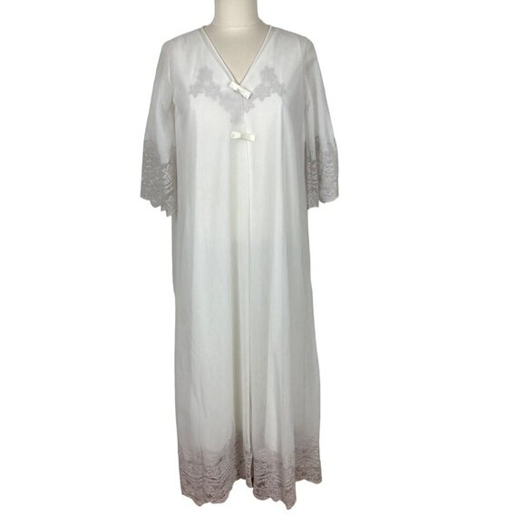 Vintage White Peignoir Gown Set Small Long Lace Bows Sheer Chiffon Robe